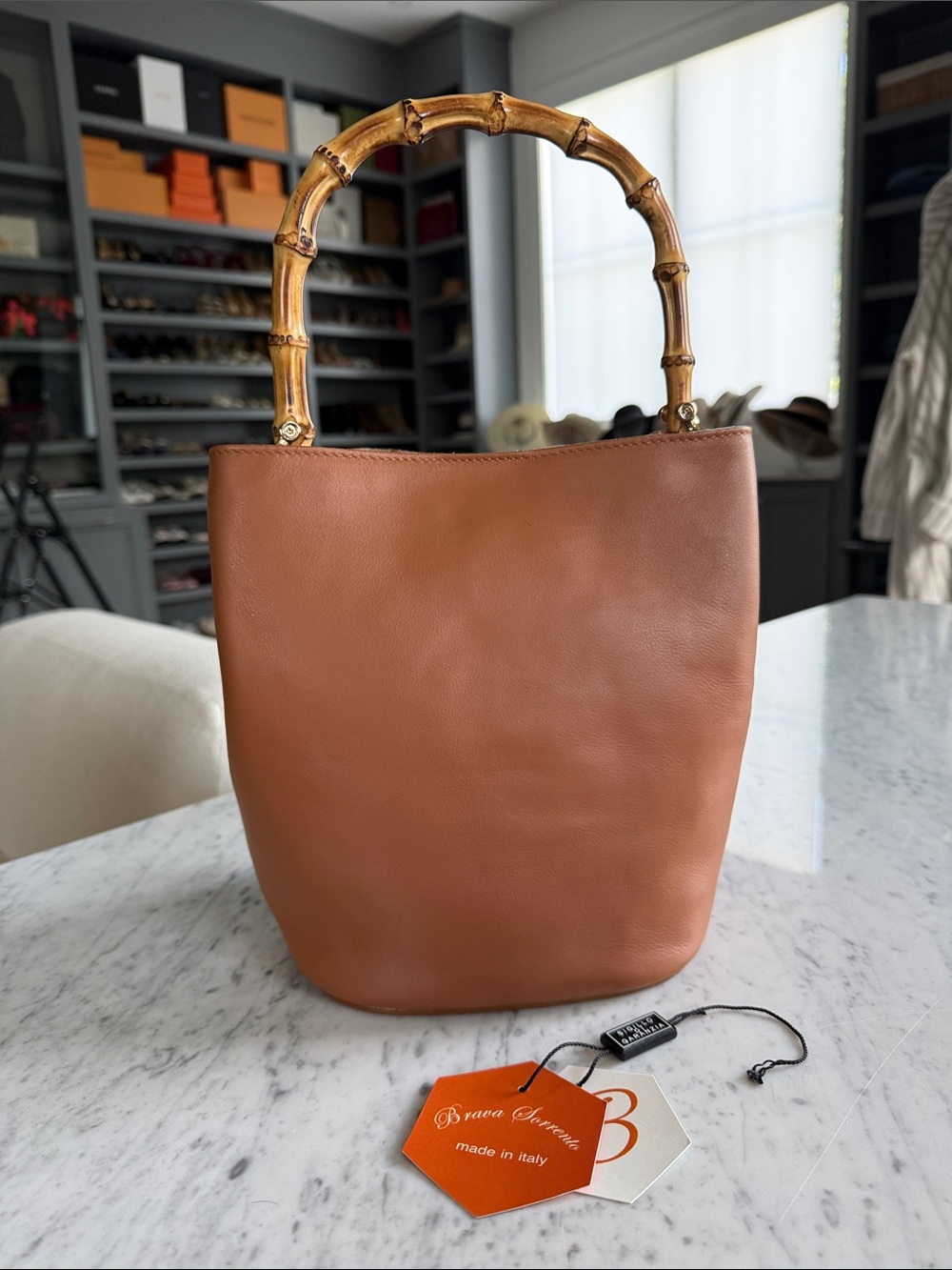 Della Mura Leather Bucket Bag with Bamboo Handle & Shoulder Strap -Made in Italy